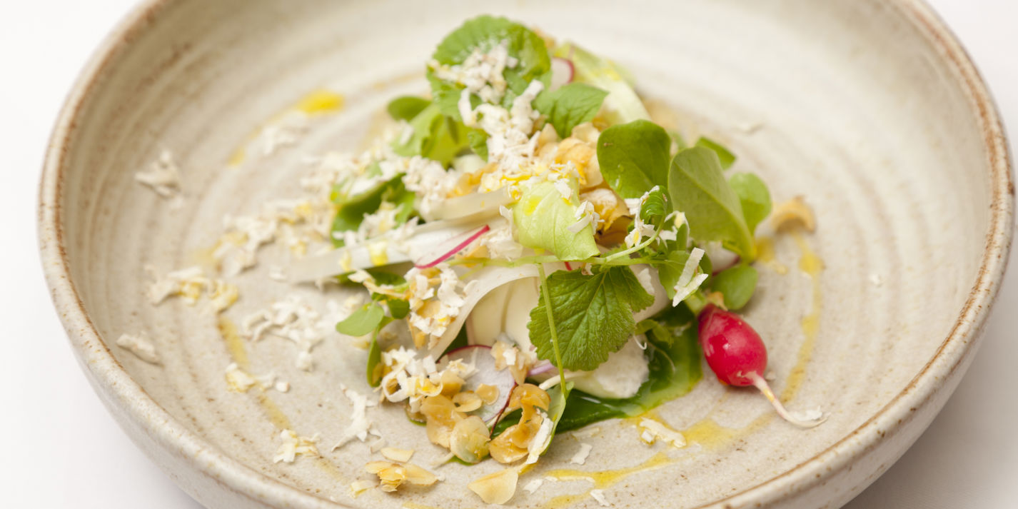 Fresh curds and watercress, pickled kohlrabi, tantan lettuce and cobnuts