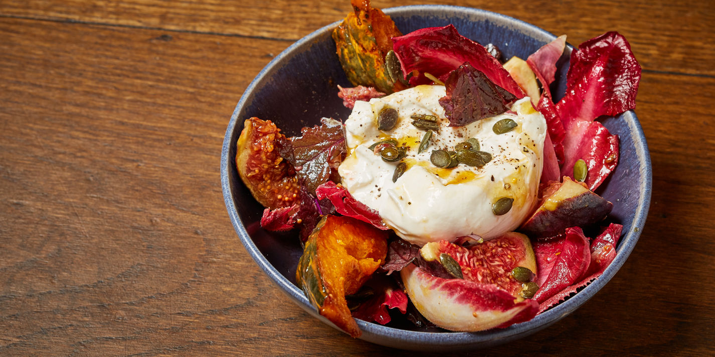 Burrata with Black Figs, Delica Pumpkin and Chicory - Great British Chefs