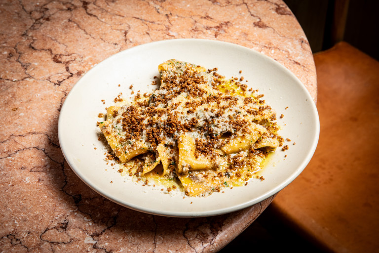 Fazzoletti with duck ragù and duck fat pangrattato