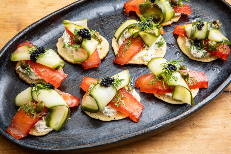 Gin and beetroot-cured salmon blinis