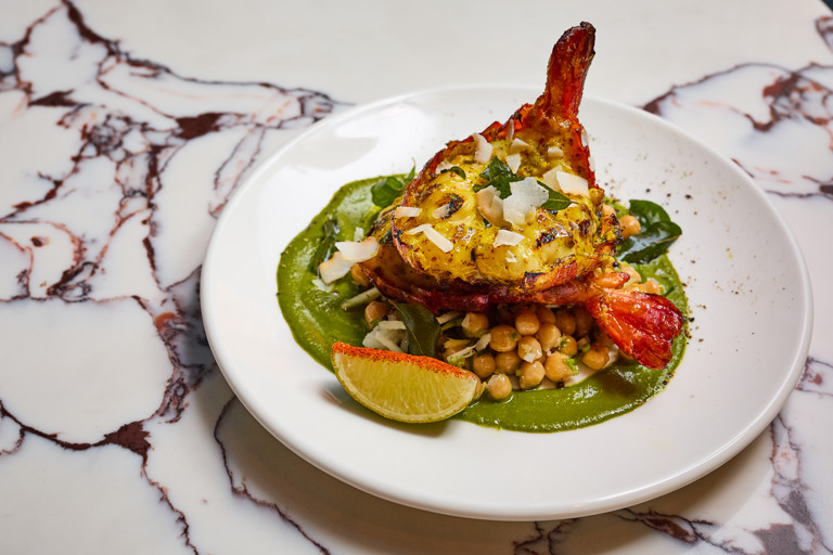 Honey mustard prawns with chickpea sundal