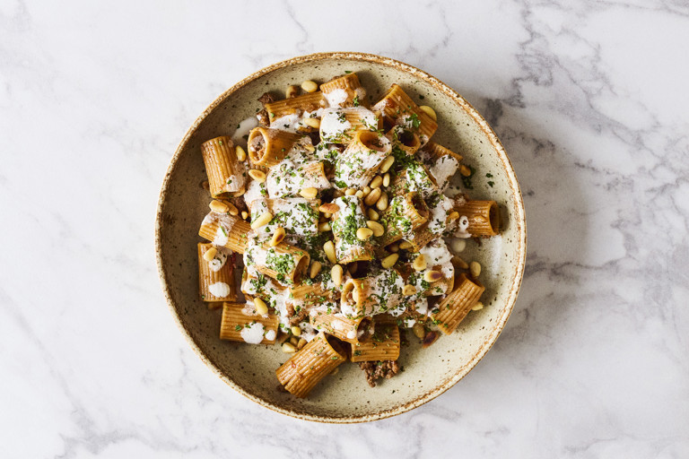 Harissa beef and whipped feta cream maniche