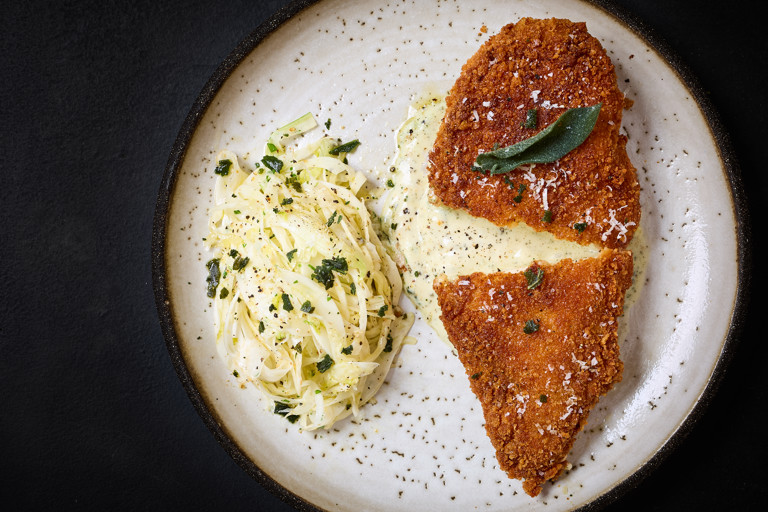 Taleggio-stuffed chicken schnitzel