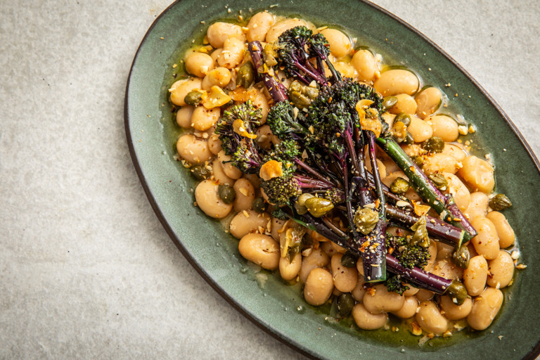 Tenderstem® Purple Broccoli, beans and capers in a lemon brown butter
