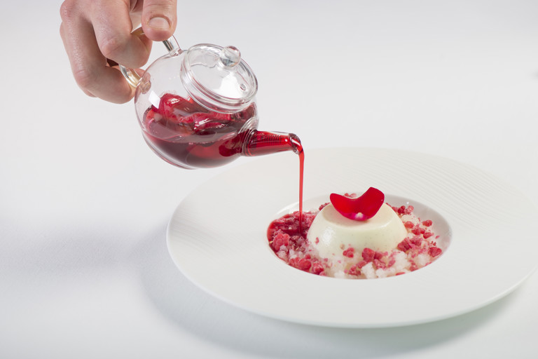 Buttermilk panna cotta, lychee, raspberry and rose