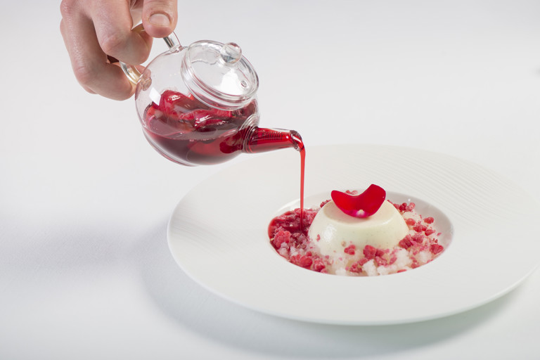 Buttermilk panna cotta, lychee, raspberry and rose