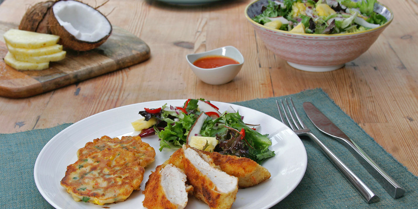 Caribbean Chicken Recipe with Sweetcorn Fritters - Great British Chefs