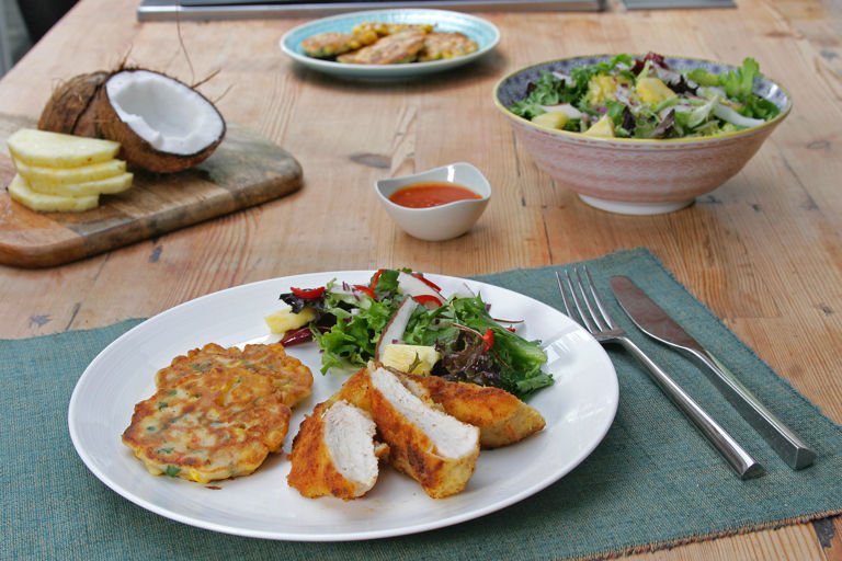 Caribbean chicken with corn fritters