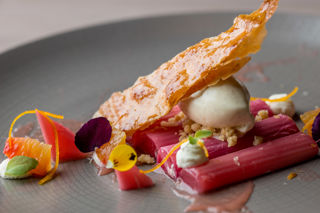Roasted rhubarb, orange and crystallised puff pastry
