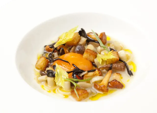 Chicken soup with glazed wild mushrooms and confit egg yolk