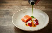 Cured Chalkstream trout with beetroot and a basil and white asparagus sauce