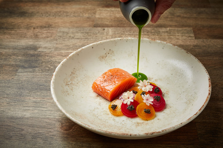 Cured Chalkstream trout with beetroot and a basil and white asparagus sauce