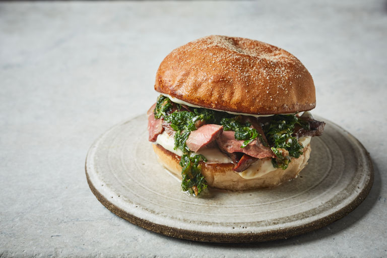 Lamb heart sandwich with mint and anchovy dressing and aioli