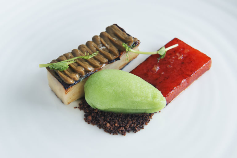 Grilled watermelon, aubergine, chocolate crumbs, cucumber and ginger ice cream