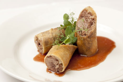 Crispy duck spring rolls with barbecue sauce