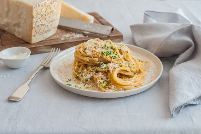 Spaghetti with Grana Padano, toasted breadcrumbs and gremolata