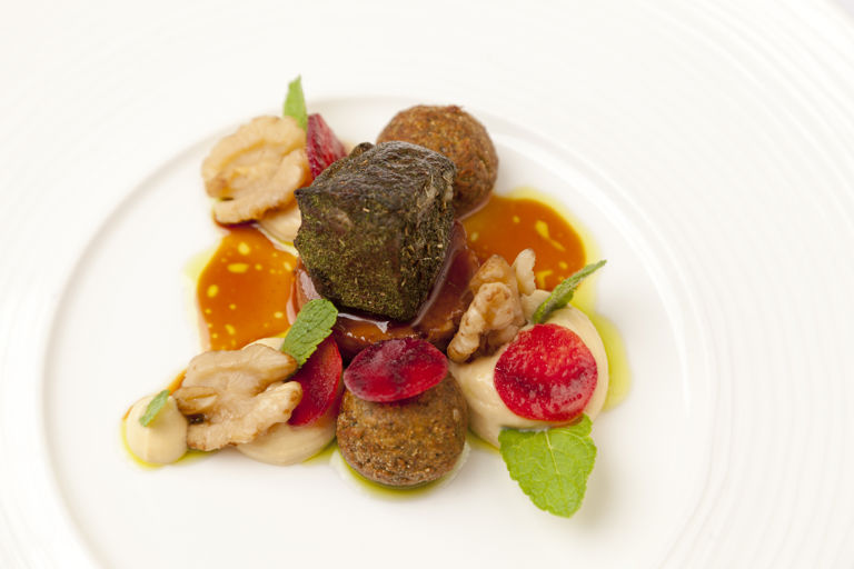 Hogget mezze with falafel, walnuts and mint oil
