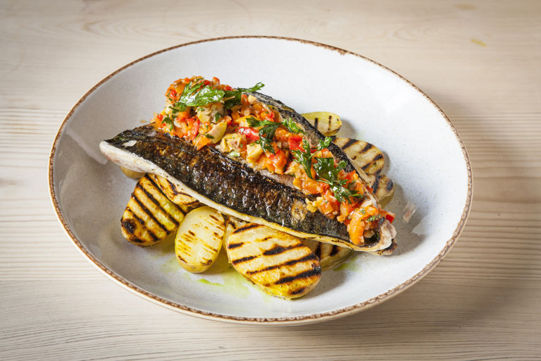 Chargrilled potatoes with grilled mackerel and a spiced sweet pepper salsa