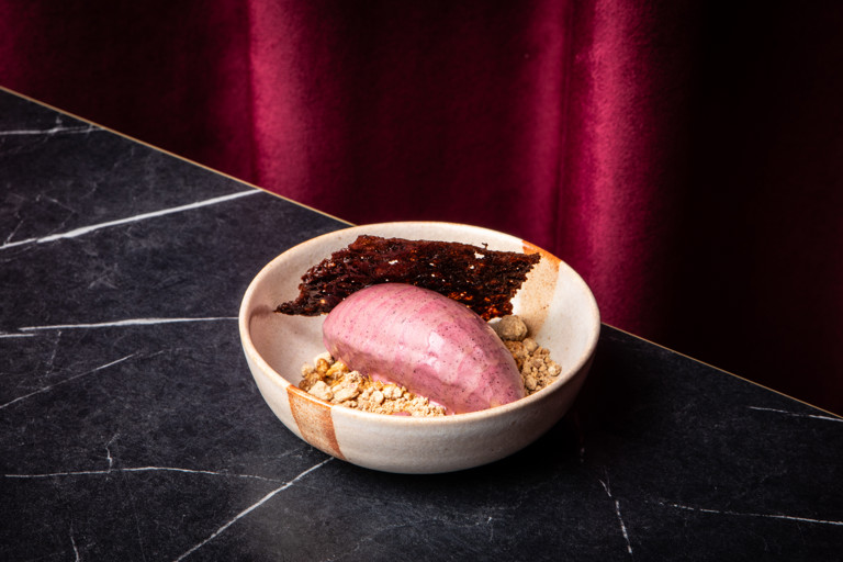 Hibiscus and yoghurt ice cream, caramelised white chocolate, pepper tuiles