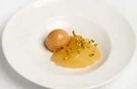 Poached pears with pain d’épice ice cream