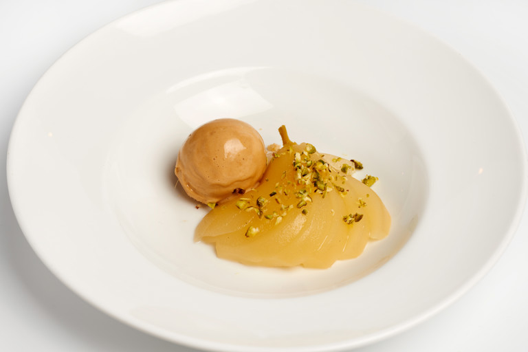 Poached pears with pain d’épice ice cream