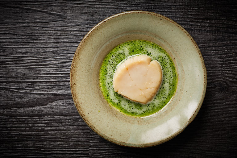 Koji-cured scallop with smoked mussel and dill sauce