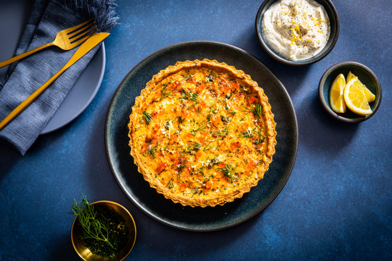 Golden salmon, dill and chive quiche