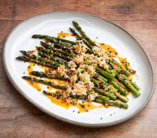 BBQ asparagus with crab and chilli crisp butter 