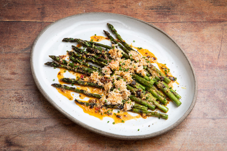 BBQ asparagus with crab and chilli crisp butter 