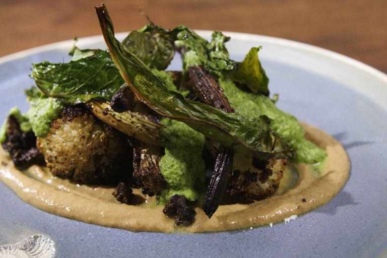 Spiced roast cauliflower with toasted sesame dressing and green chilli chutney