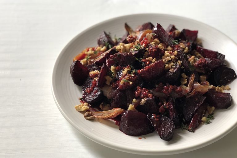Beetroot, shallot and thyme, with raspberry dressing and toasted walnuts