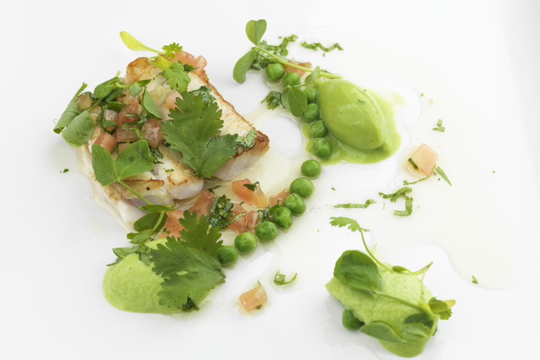 Baked Alaska halibut with pea mousse and sauce vierge