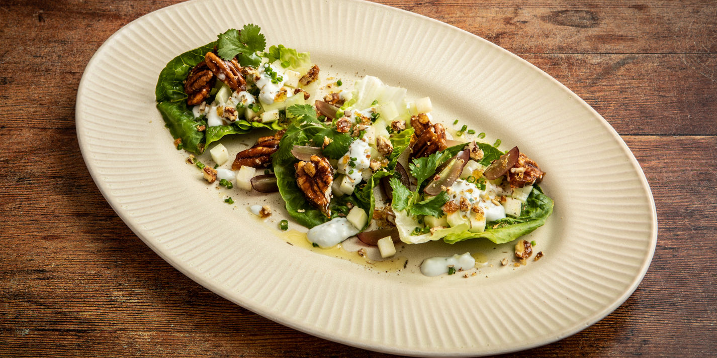 Waldorf-Inspired Baby Gem Salad With Caramelised Walnuts and Quick-Pickled Green Apple Recipe - Grea
