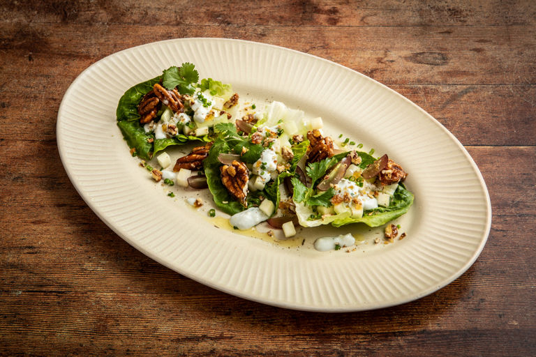 Waldorf-inspired baby gem salad with caramelised walnuts and quick-pickled green apple 