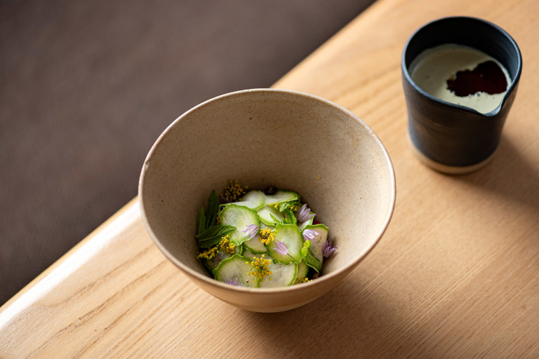 Chilled pumpkin seed soup, courgettes and gooseberries