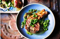 Charcoal-grilled lamb chops with peas