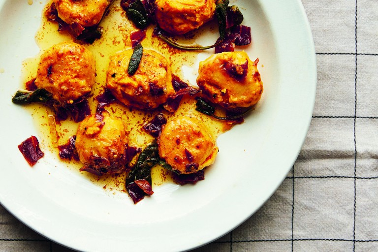 Ricotta and pumpkin gnudi with crispy pancetta, sage and parmesan