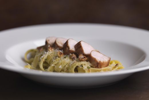 Loin of rabbit with fettuccine, prosciutto and roasted hazelnuts 