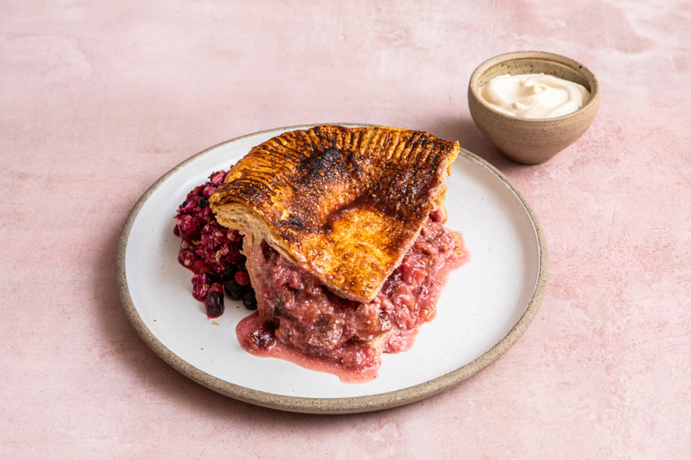 Spiced plum and sour cream swirl cobbler picnic traybake pie