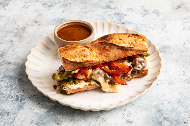 Taleggio summer cheesesteak with hot mustard dip and apple slaw