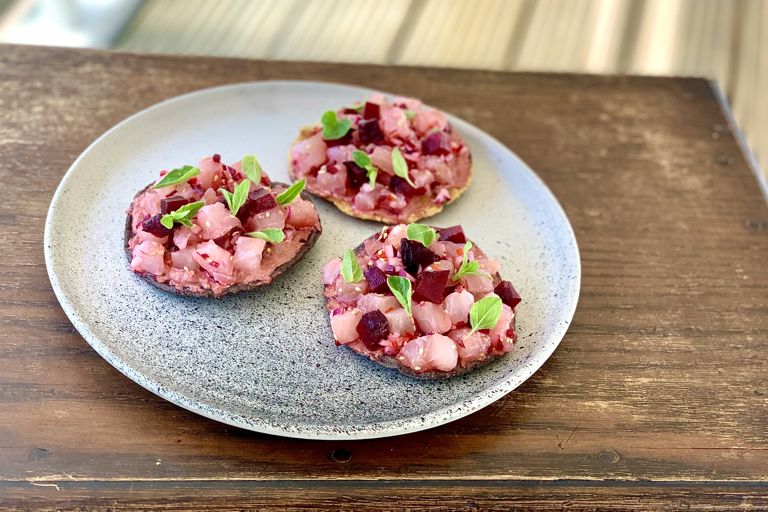 Sea bass ceviche and beetroot tostadas