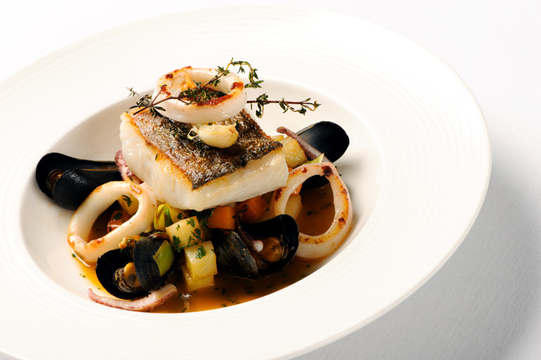 Cornish salt pollock, squid and mussel stew