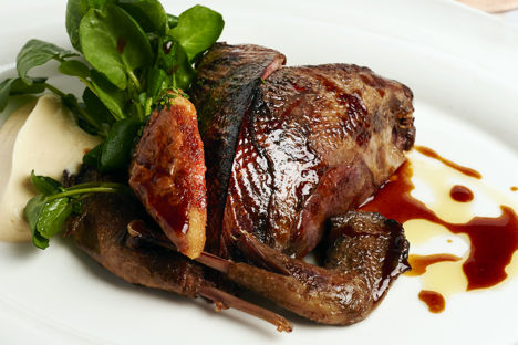 Roast grouse with game chips, watercress and bread sauce