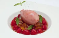 Meantime raspberry wheat beer sorbet with marinated raspberries and raspberry beer jelly