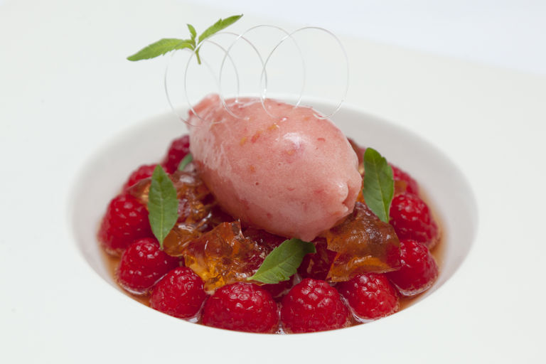 Meantime raspberry wheat beer sorbet with marinated raspberries and raspberry beer jelly
