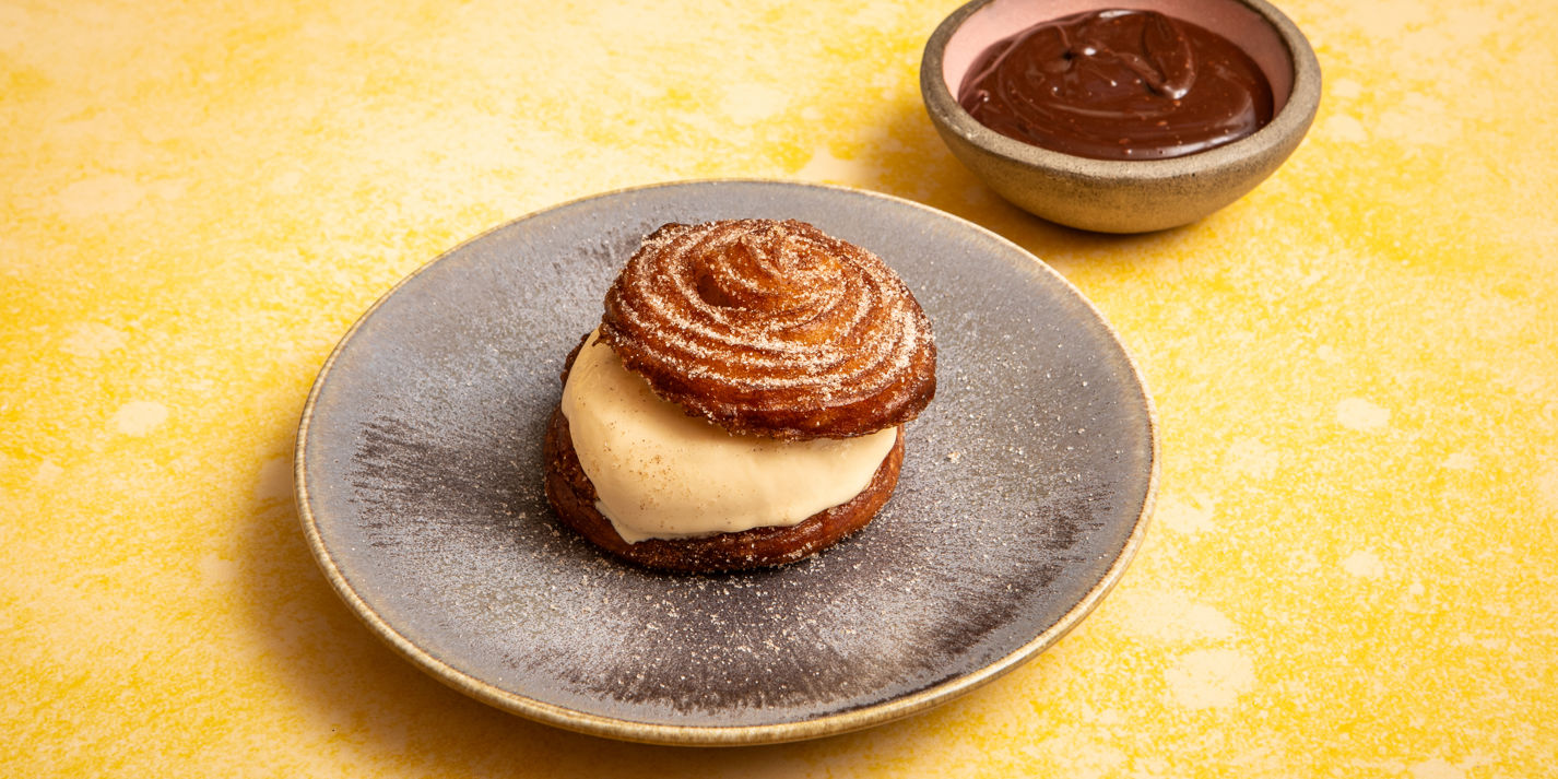Churro Ice Cream Sandwich with MSG Caramel Ice Cream and Chocolate Dip Recipe - Great British Chefs