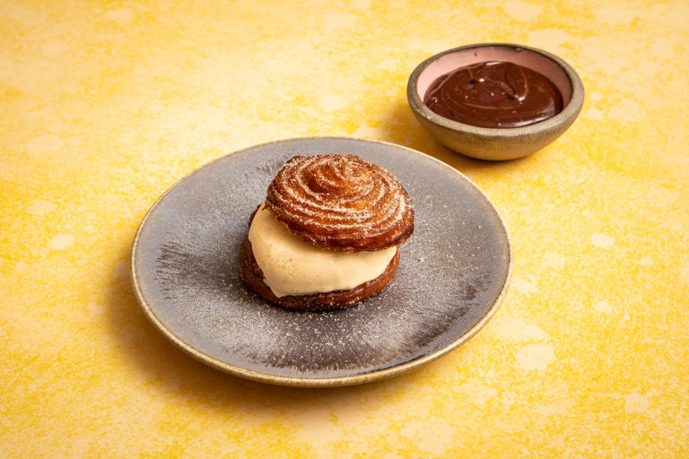 Churro ice cream sandwich with MSG caramel ice cream and chocolate dip