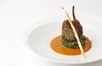 Spice-crusted lamb rack, with spinach-potatoes and moilee-tomato sauce 
