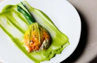 Courgette flowers with goat's cheese and violet jelly