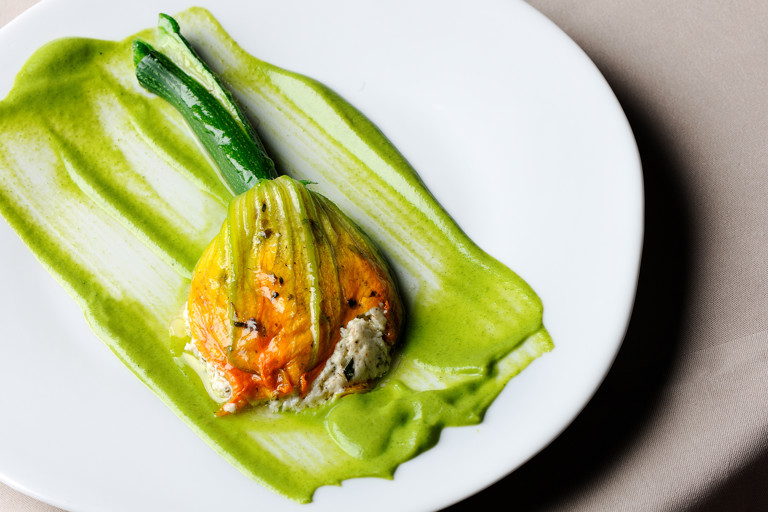 Courgette flowers with goat's cheese and violet jelly
